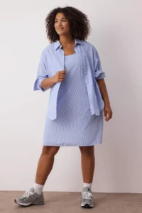 Trendyol Curve Mavi Striped Mini Weaving Plus Size 2 Sets Shirt & Dress - Image 2