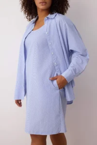 Trendyol Curve Mavi Striped Mini Weaving Plus Size 2 Sets Shirt & Dress - Image 4