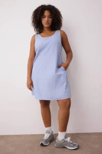 Trendyol Curve Mavi Striped Mini Weaving Plus Size 2 Sets Shirt & Dress - Image 5