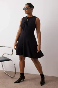 Trendyol Curve Black with bow A-line/Waist Opening Mini Weaving Plus Size Dress - Image 2