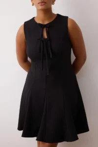 Trendyol Curve Black with bow A-line/Waist Opening Mini Weaving Plus Size Dress - Image 3