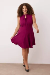 Trendyol Curve Plum with bow A-line/Waist Opening Mini Weaving Plus Size Dress - Image 3