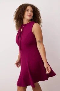 Trendyol Curve Plum with bow A-line/Waist Opening Mini Weaving Plus Size Dress - Image 4
