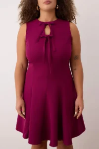 Trendyol Curve Plum with bow A-line/Waist Opening Mini Weaving Plus Size Dress - Image 5
