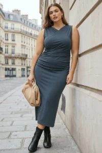 Trendyol Curve Petrol Blue Blue Blue Double breasted Collar Sides Shirred Knitting Plus Size Dress