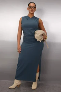 Trendyol Curve Petrol Blue Blue Blue Double breasted Collar Sides Shirred Knitting Plus Size Dress - Image 2