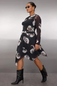 Trendyol Curve Black flower patterned Tulle Knitting Plus Size Dress
