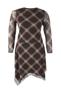 Trendyol Curve Brown Plaid Patterned Tulle Knitting Plus Size Dress - Image 6