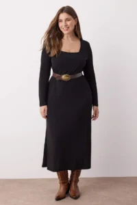 Trendyol Curve Black with flywheel Square Neck Fitted Maxi Flexible Knitting Dress