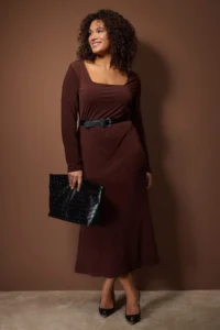 Trendyol Curve Brown with flywheel Square Neck Fitted Maxi Flexible Knitting Dress