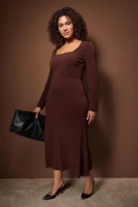 Trendyol Curve Brown with flywheel Square Neck Fitted Maxi Flexible Knitting Dress - Image 2