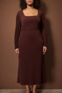 Trendyol Curve Brown with flywheel Square Neck Fitted Maxi Flexible Knitting Dress - Image 3