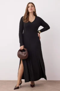 Trendyol Curve Black V-neck skater/Flexible Maxi Knitting Dress