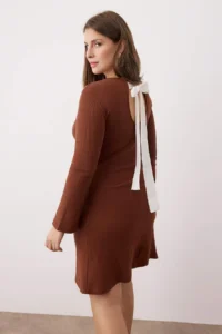 Trendyol Curve Brown A-line Back Binding Detailed Mini Knitting Plus Size Dress
