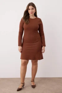 Trendyol Curve Brown A-line Back Binding Detailed Mini Knitting Plus Size Dress - Image 2