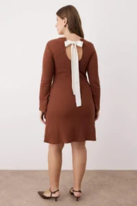 Trendyol Curve Brown A-line Back Binding Detailed Mini Knitting Plus Size Dress - Image 4