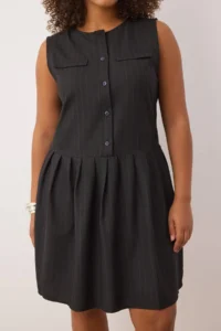 Trendyol Curve Black Striped Button Detailed Mini Weaving Plus Size Dress/gilet - Image 3
