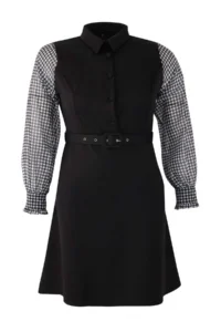 Trendyol Curve Black Arched Sleeves Crowbar Patterned Mini Weaving Plus Size Dress - Image 5