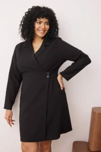 Trendyol Curve Black buttoned Weaving Mini Plus Size Jacket Dress - Image 2