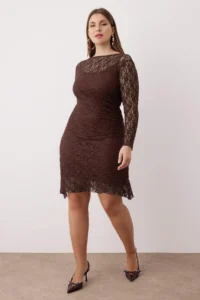 Trendyol Curve Brown Teen Lace Knitting Mini Plus Size Dress - Image 2