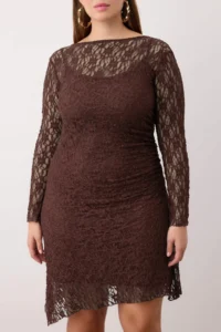Trendyol Curve Brown Teen Lace Knitting Mini Plus Size Dress - Image 3
