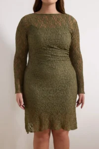 Trendyol Curve Khaki Lace Knitting Mini Plus Size Dress - Image 3