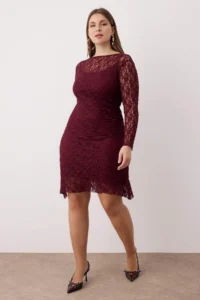 Trendyol Curve Teen Plum Lace Knitting Mini Plus Size Dress - Image 2
