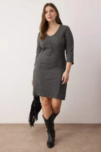 Trendyol Curve Anthracite Brushed Camisole Ribbed V-neck Mini Knitting Plus Size Dress
