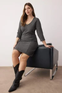 Trendyol Curve Anthracite Brushed Camisole Ribbed V-neck Mini Knitting Plus Size Dress - Image 2