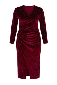 Trendyol Curve Burgundy V-neck Midi Size Stone Velvet Knitting Plus Size Dress - Image 2