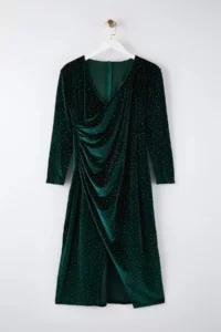 Trendyol Curve Emerald Green V-neck Midi Size Stone Velvet Knitting Plus Size Dress - Image 2
