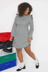 Trendyol Curve Teen Multicolored Gingham Shoulders with bow Mini Weaving Plus Size Dress