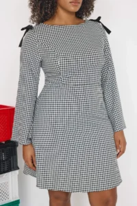 Trendyol Curve Teen Multicolored Gingham Shoulders with bow Mini Weaving Plus Size Dress - Image 3