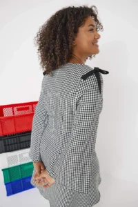 Trendyol Curve Teen Multicolored Gingham Shoulders with bow Mini Weaving Plus Size Dress - Image 5