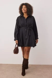 Trendyol Curve Black Mini Weaving Belted Plus Size Shirt Dress