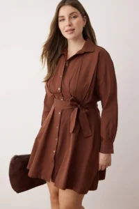Trendyol Curve Brown Mini Weaving Belted Plus Size Shirt Dress - Image 2