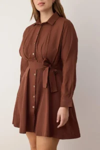 Trendyol Curve Brown Mini Weaving Belted Plus Size Shirt Dress - Image 3