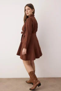 Trendyol Curve Brown Mini Weaving Belted Plus Size Shirt Dress - Image 4