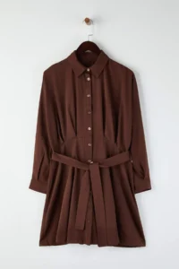 Trendyol Curve Brown Mini Weaving Belted Plus Size Shirt Dress - Image 5