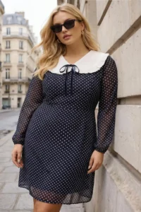 Trendyol Curve Navy Blue Baby Collar Polka Dot Siphon Mini Weaving Plus Size Dress