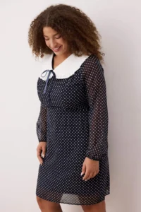 Trendyol Curve Navy Blue Baby Collar Polka Dot Siphon Mini Weaving Plus Size Dress - Image 3