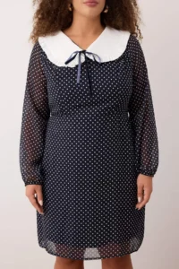 Trendyol Curve Navy Blue Baby Collar Polka Dot Siphon Mini Weaving Plus Size Dress - Image 4