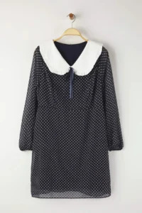 Trendyol Curve Navy Blue Baby Collar Polka Dot Siphon Mini Weaving Plus Size Dress - Image 6