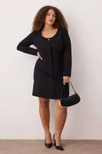 Trendyol Curve Black Cowl Neck Button Detailed Long Sleeve Mini Weaving Plus Size Dress