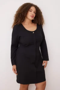Trendyol Curve Black Cowl Neck Button Detailed Long Sleeve Mini Weaving Plus Size Dress - Image 2