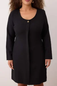 Trendyol Curve Black Cowl Neck Button Detailed Long Sleeve Mini Weaving Plus Size Dress - Image 3