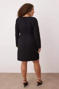 Trendyol Curve Black Cowl Neck Button Detailed Long Sleeve Mini Weaving Plus Size Dress - Image 4