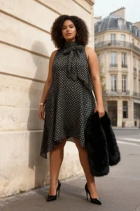 Trendyol Curve Black Polka Dot Barbell Neck Weaving Plus Size Dress