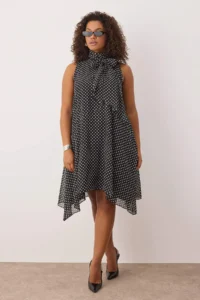 Trendyol Curve Black Polka Dot Barbell Neck Weaving Plus Size Dress - Image 2