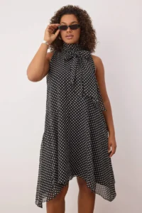 Trendyol Curve Black Polka Dot Barbell Neck Weaving Plus Size Dress - Image 3